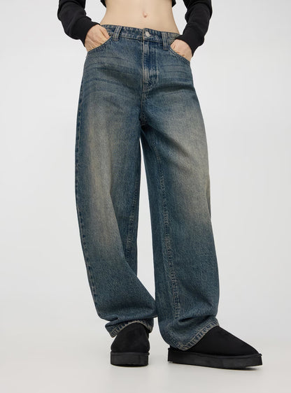 Faded Indigo Barrel-Leg High-Waisted Jeans