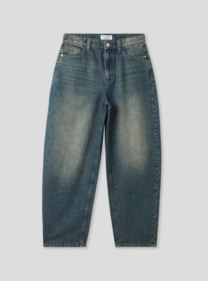 Faded Indigo Barrel-Leg High-Waisted Jeans