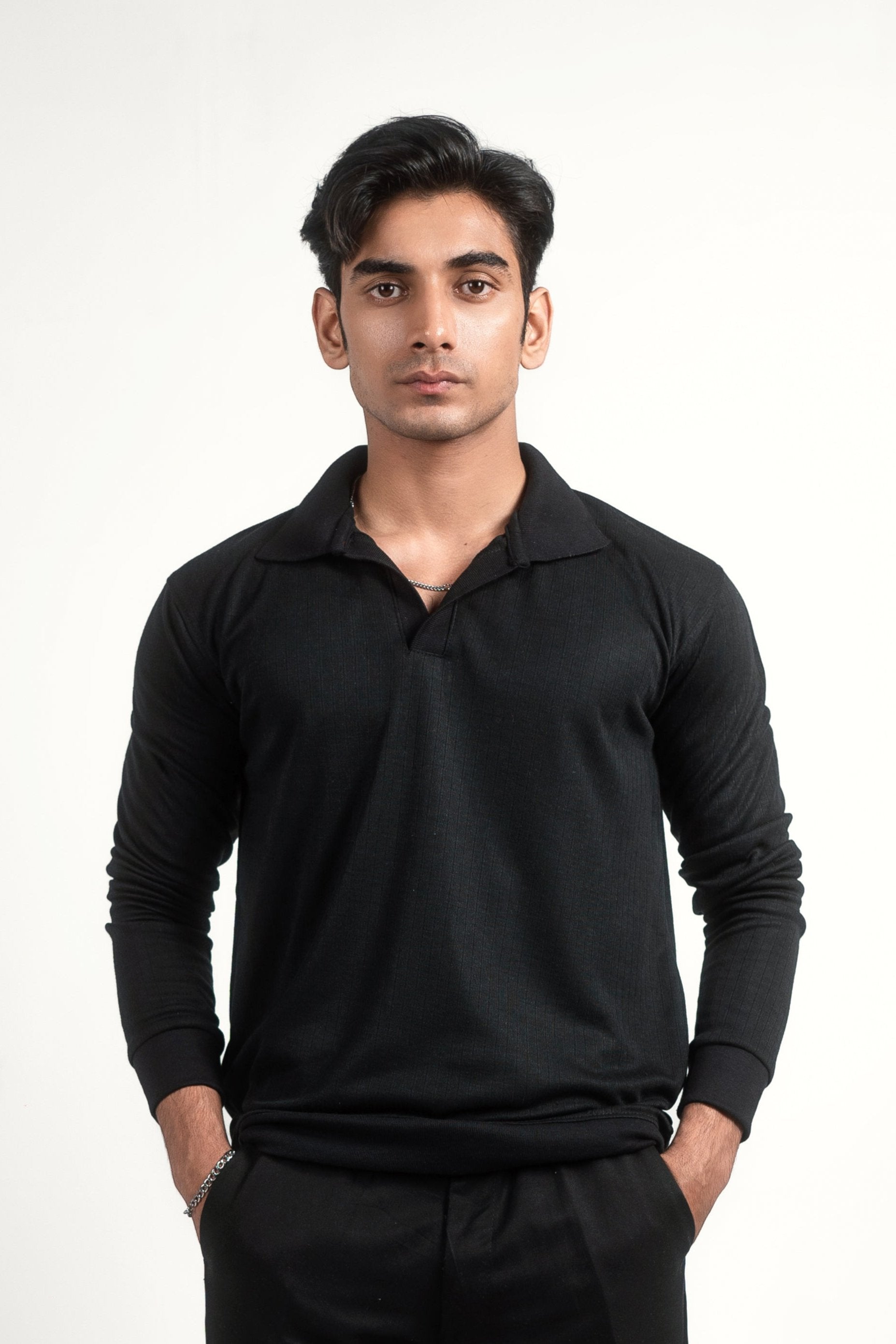 BLACK RIBBED KNIT POLO SHIRT