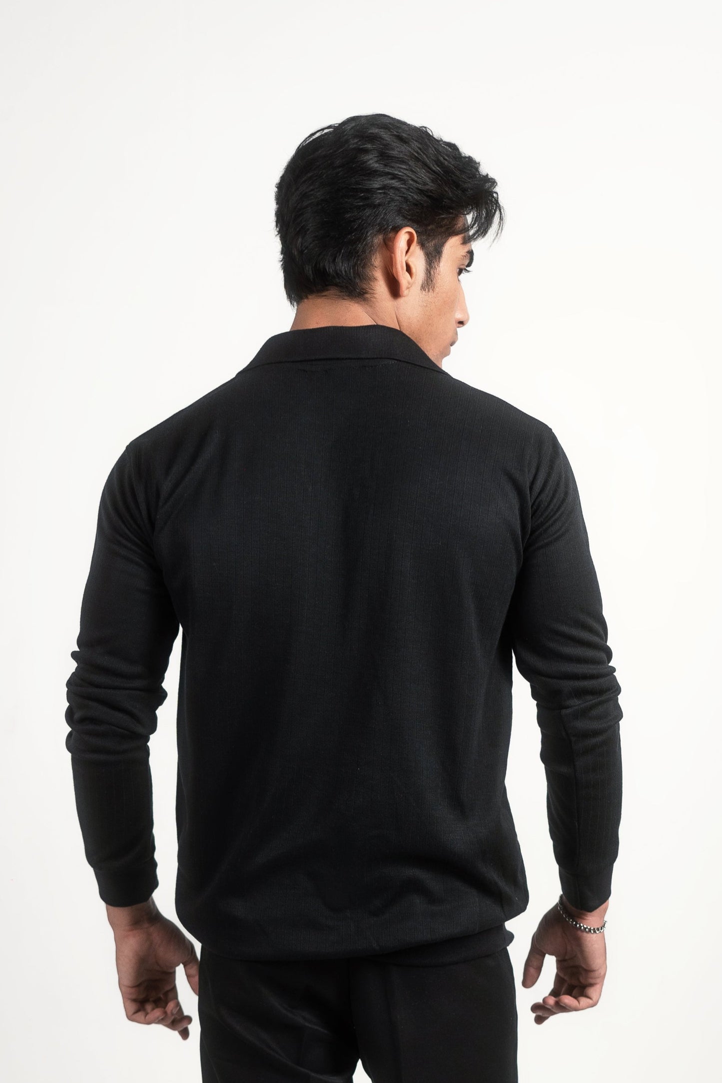 BLACK RIBBED KNIT POLO SHIRTs