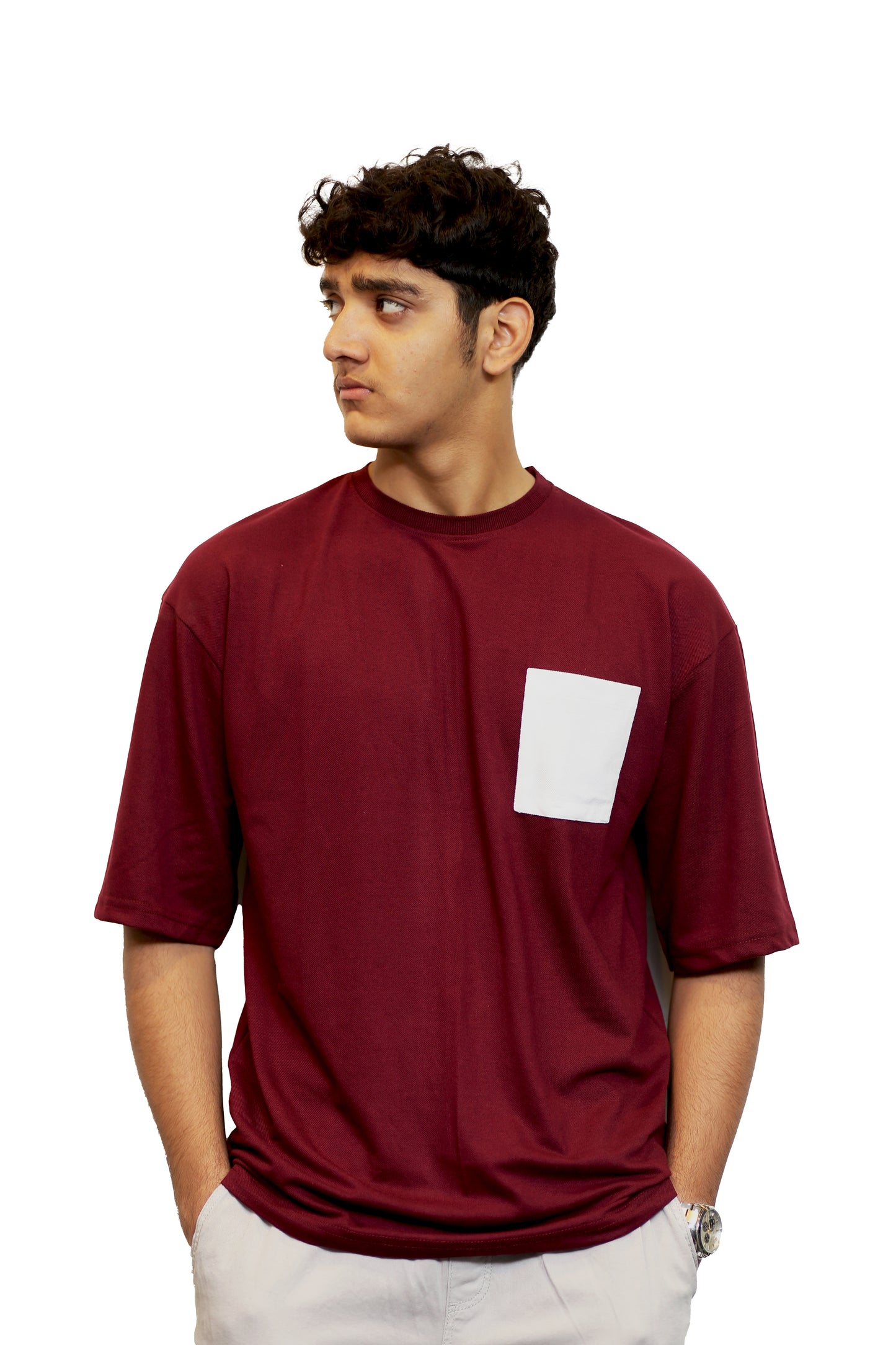 Maroon With White Pocket Oversize T Shirt