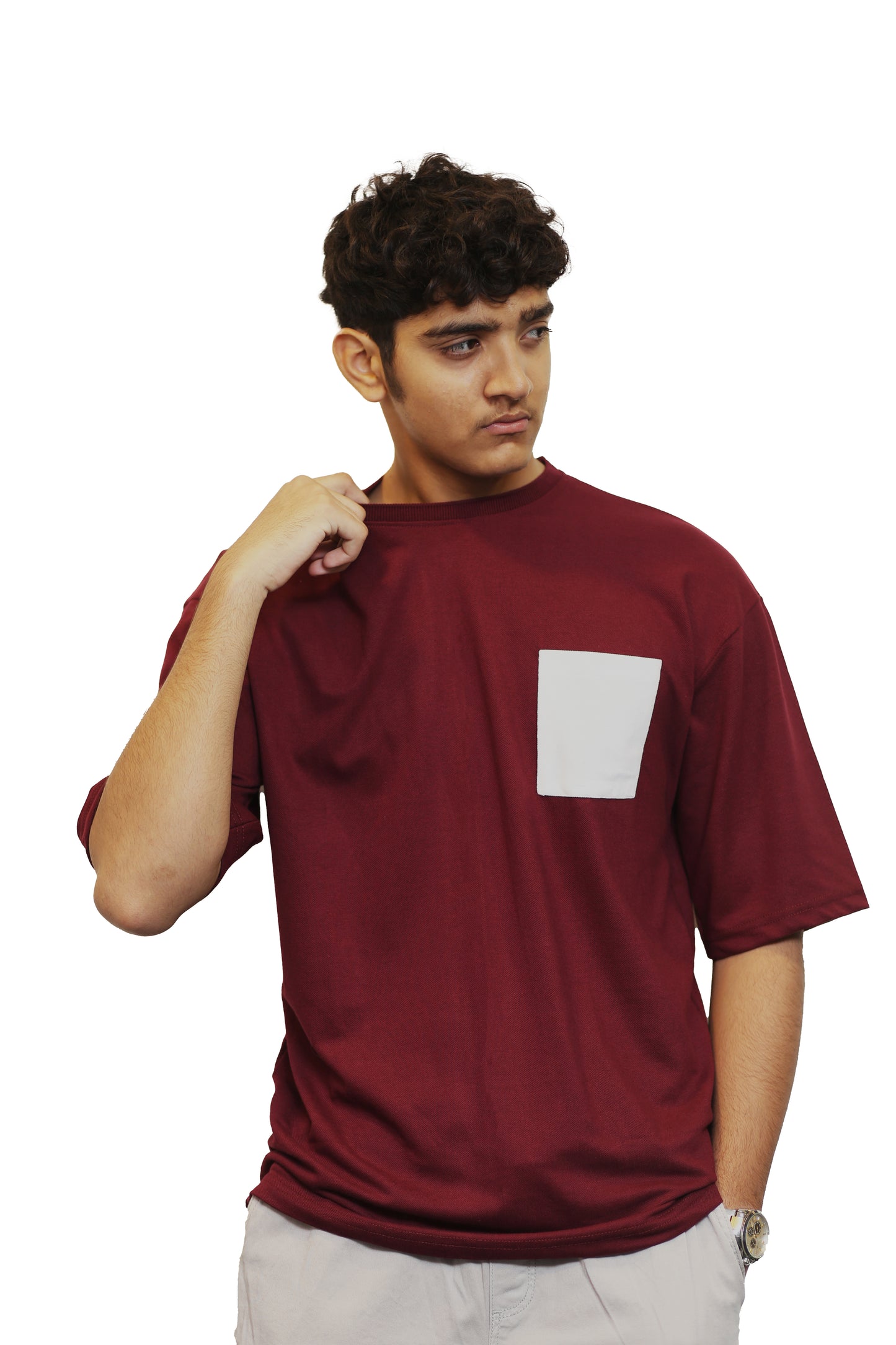 Maroon With White Pocket Oversize T Shirt