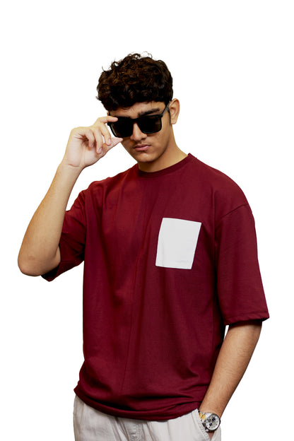 Maroon With White Pocket Oversize T Shirt