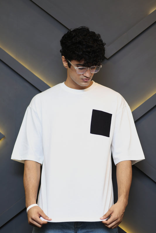 White with Black Chest Pocket Oversize T Shirt