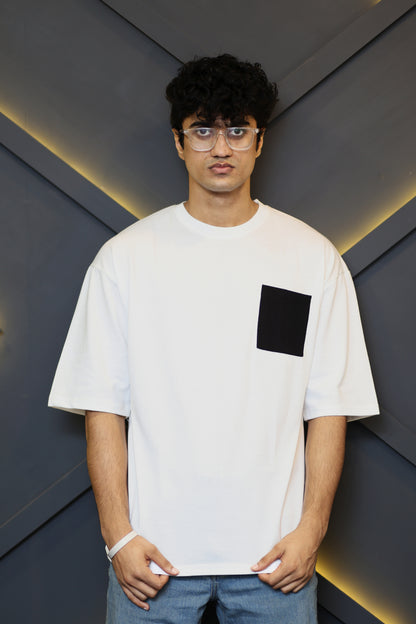 White with Black Chest Pocket Oversize T Shirt