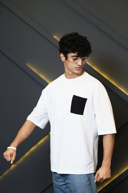 White with Black Chest Pocket Oversize T Shirt