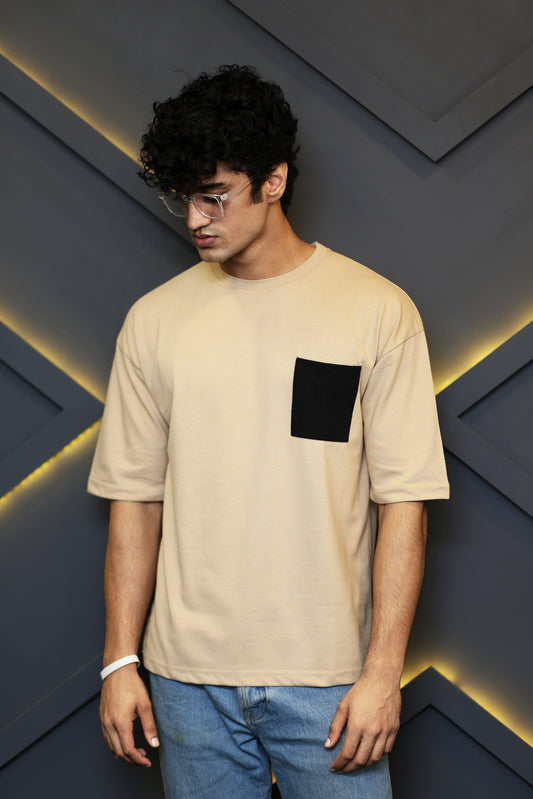 "Beige Oversized Tee with Black Pocket"