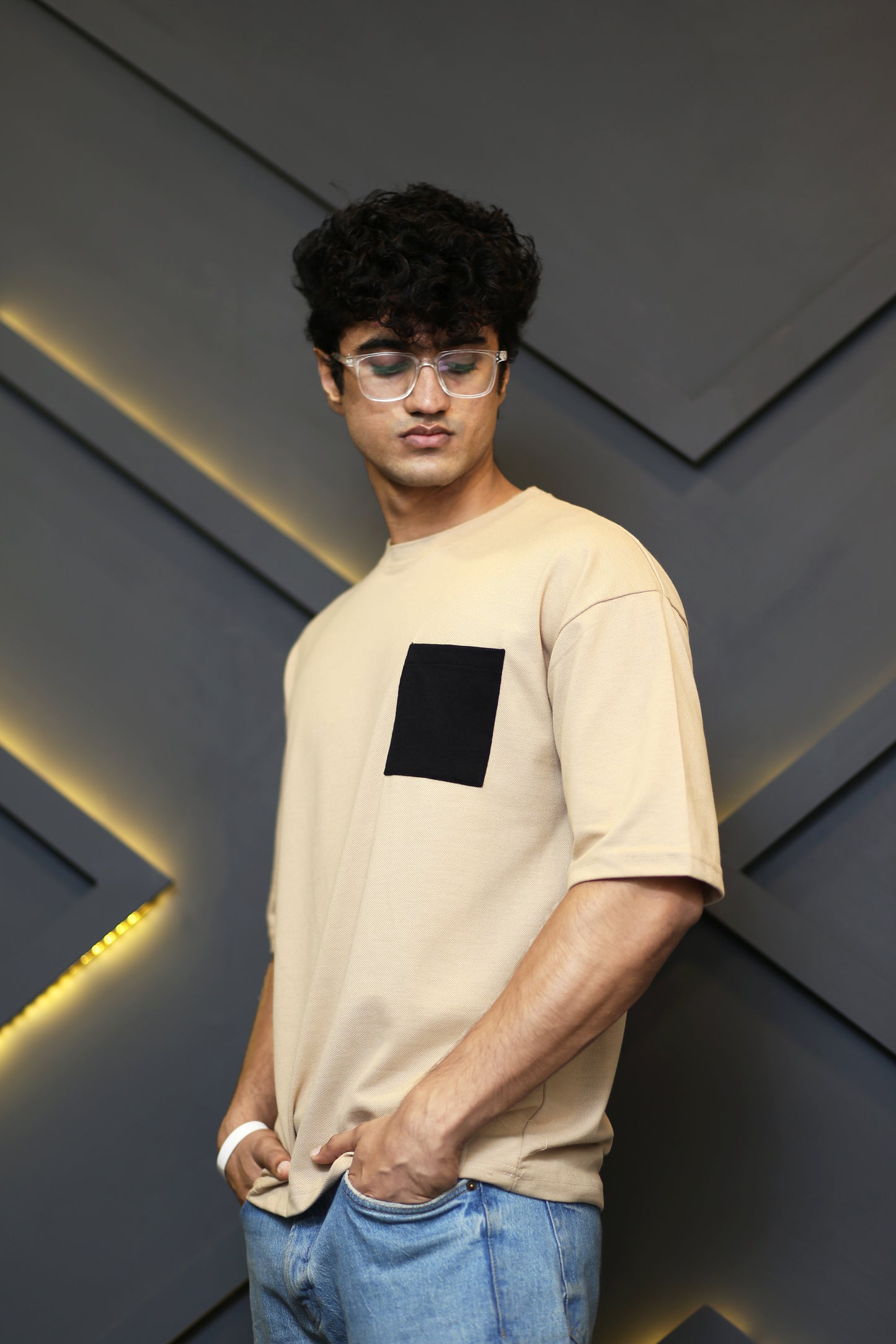 "Beige Oversized Tee with Black Pocket"