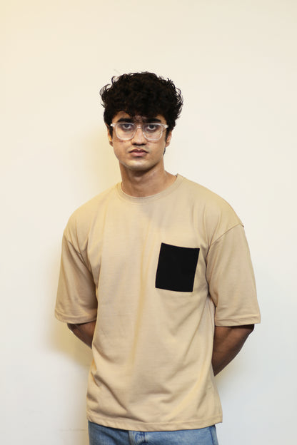 "Beige Oversized Tee with Black Pocket"