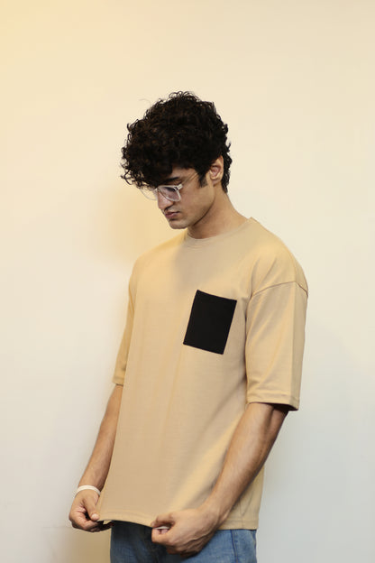 "Beige Oversized Tee with Black Pocket"