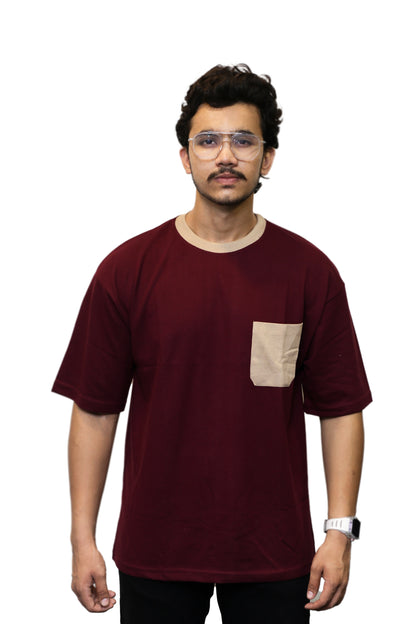 Maroon With Beige Pocket Oversize T Shirt