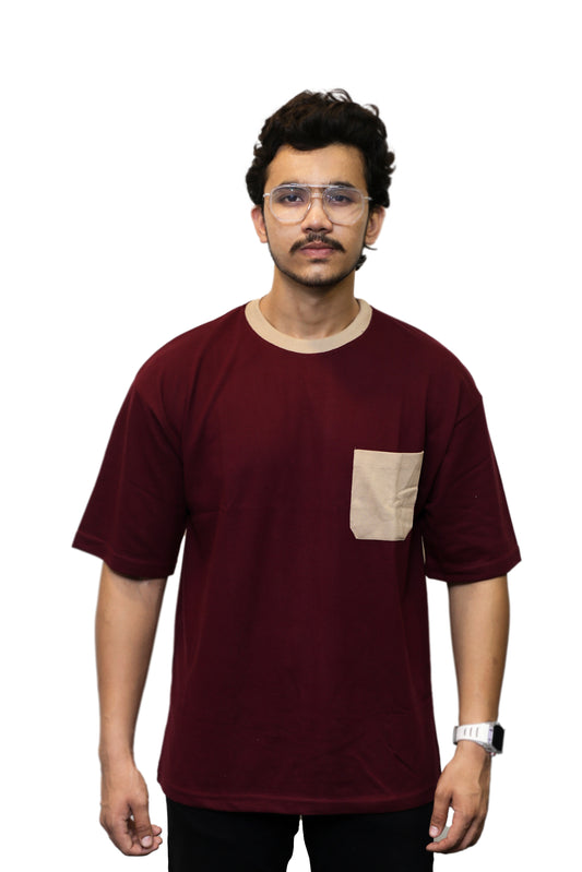 Maroon With Beige Pocket Oversize T Shirt