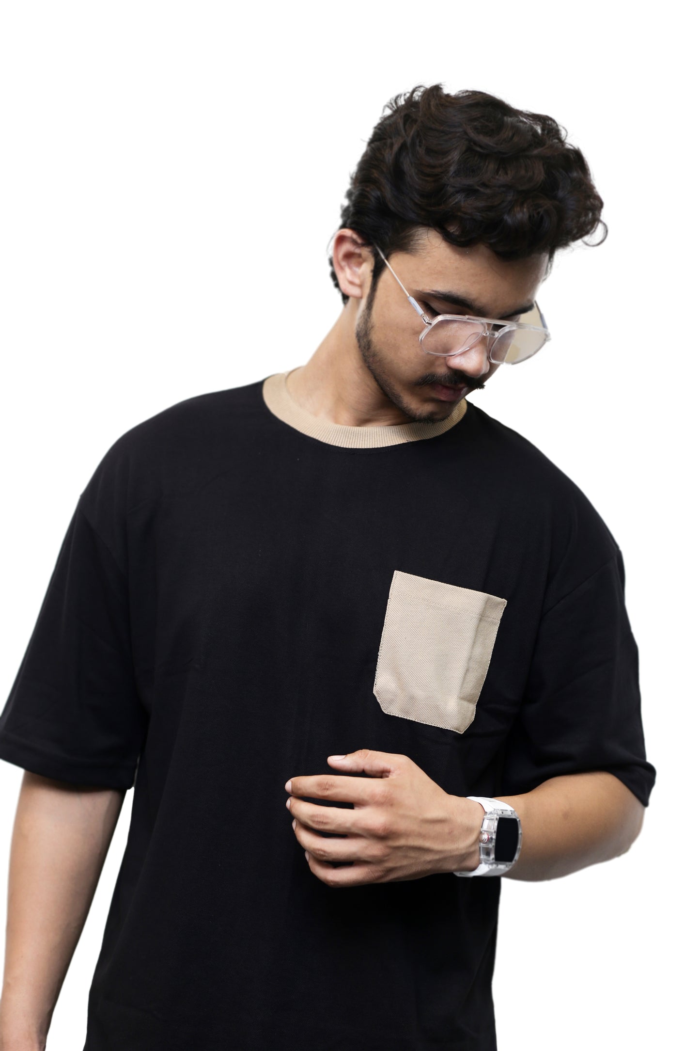 Classic BLACK with Beige Pocket Oversize T Shirt