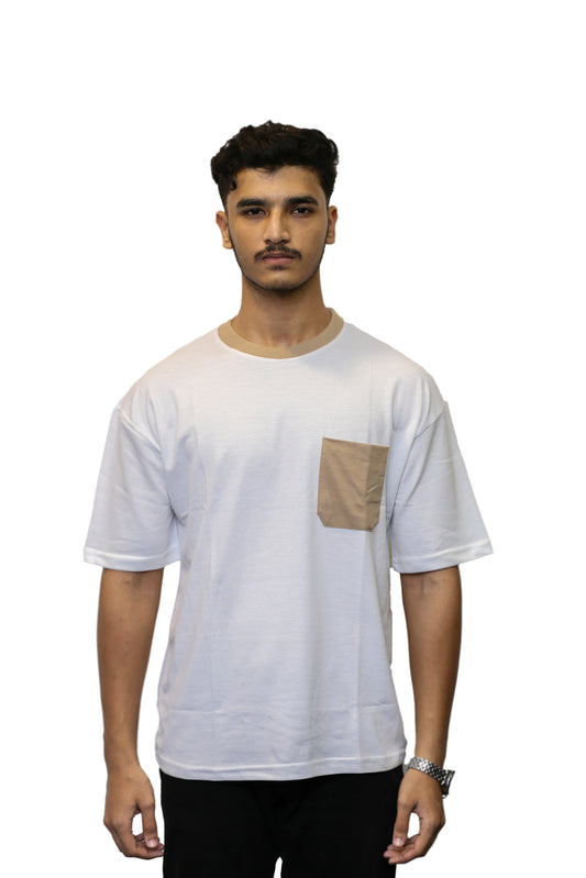 Classic White with Beige Pocket Oversize T Shirt