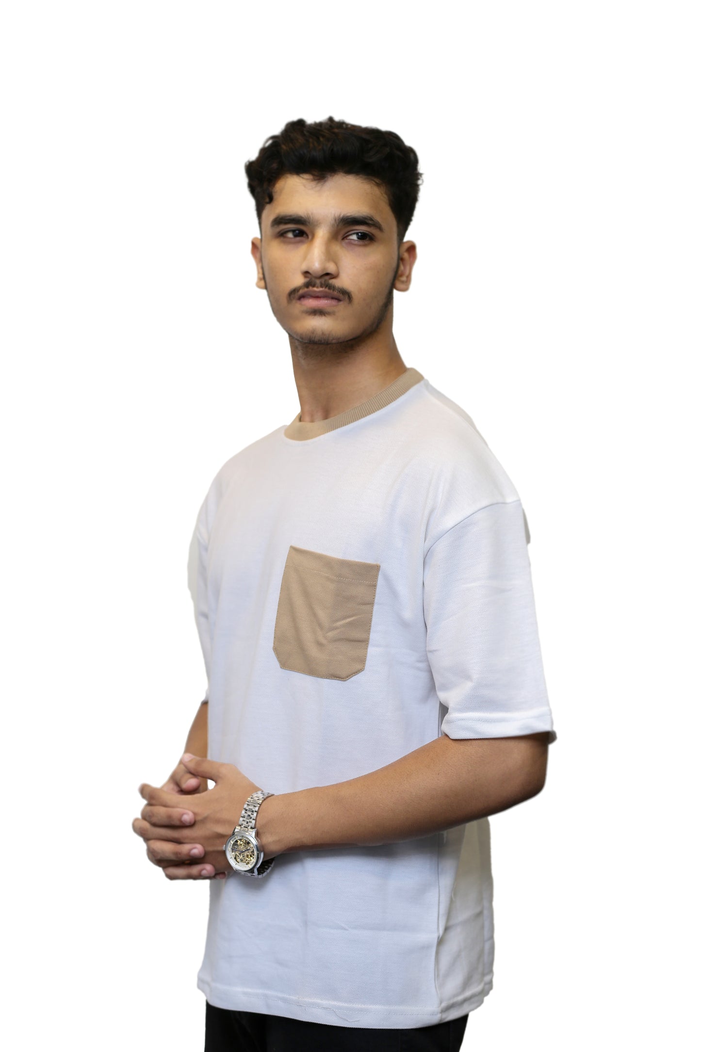 Classic White with Beige Pocket Oversize T Shirt