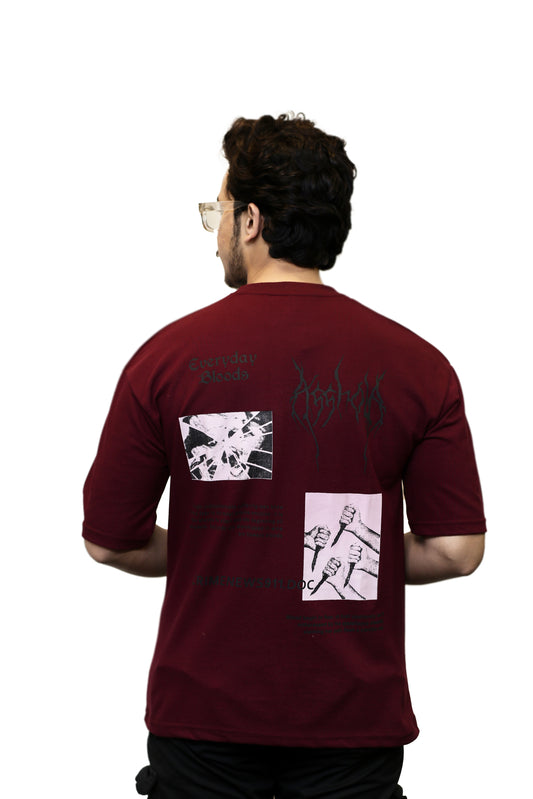 "Everyday Bloods" Graphic  Maroon Oversize T Shirt