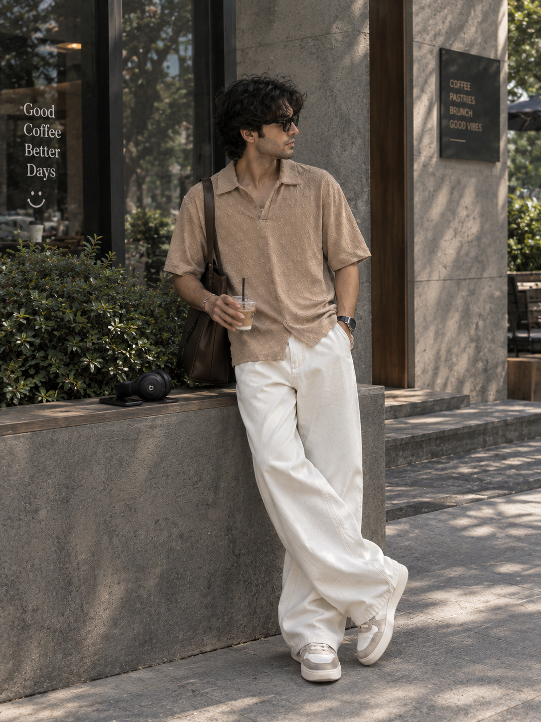 Embossed casual v neck open Collor polo shirt