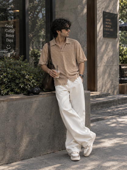 Embossed casual v neck open Collor polo shirt