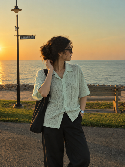 Loom Half-Sleeve Crochet Knit Shirt