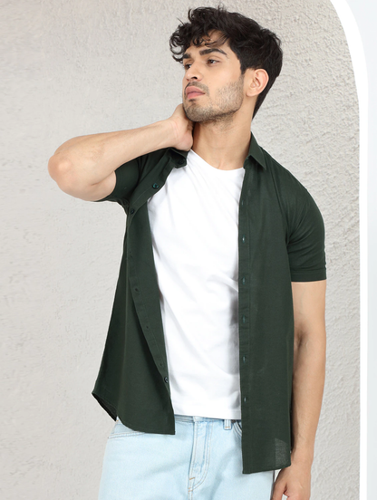 Bottle Green Linen Short Sleeve Shirt