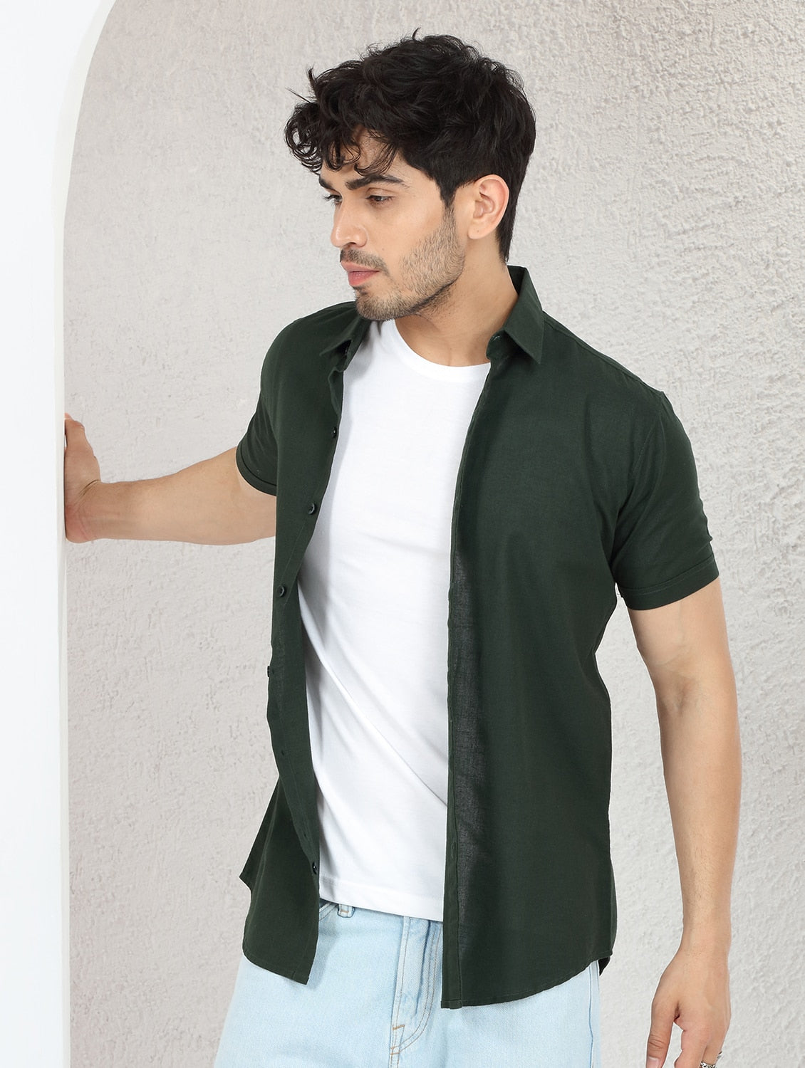 Bottle Green Linen Short Sleeve Shirt