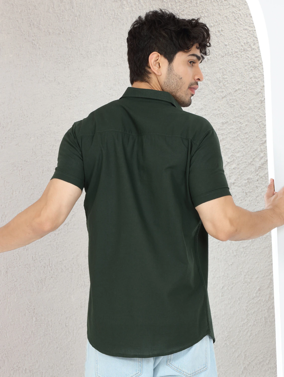 Bottle Green Linen Short Sleeve Shirt