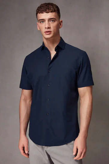 Navy Blue Linen Short Sleeve Shirt