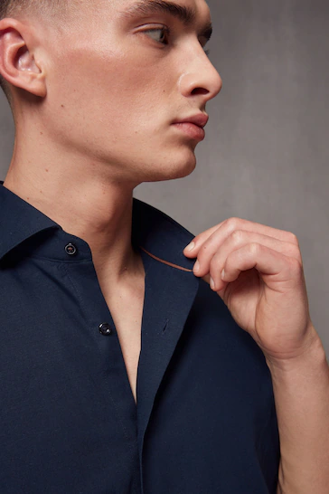 Navy Blue Linen Short Sleeve Shirt